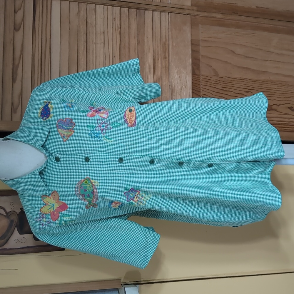 Koret Francisca Teal Green Checkered Blouse with Fish & Flower Embroidery L - XL